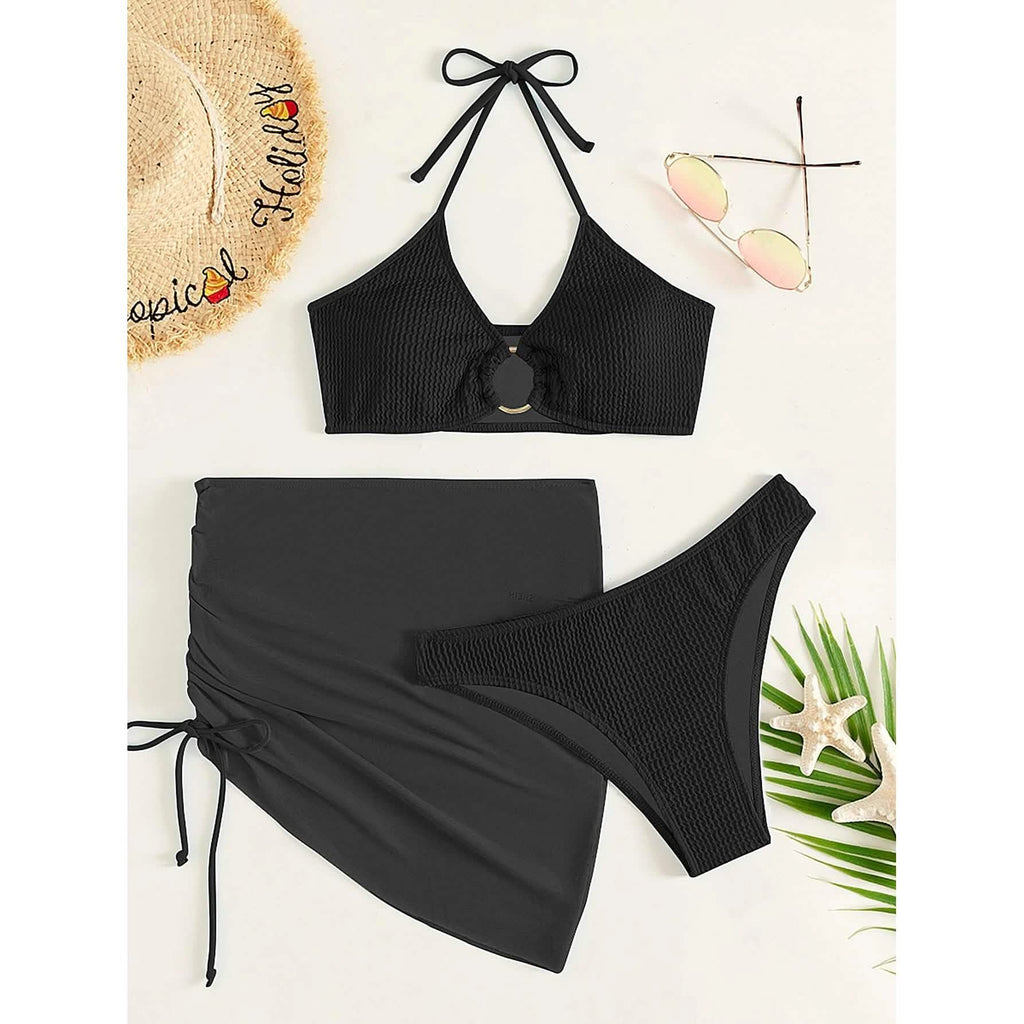 Ensemble de 3 pièces : maillot de bain bikini dos nu à anneaux texturés et jupe de plage