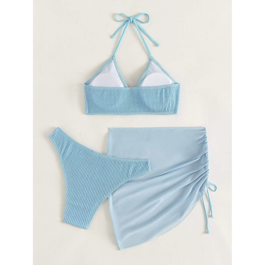 Ensemble de 3 pièces : maillot de bain bikini dos nu à anneaux texturés et jupe de plage