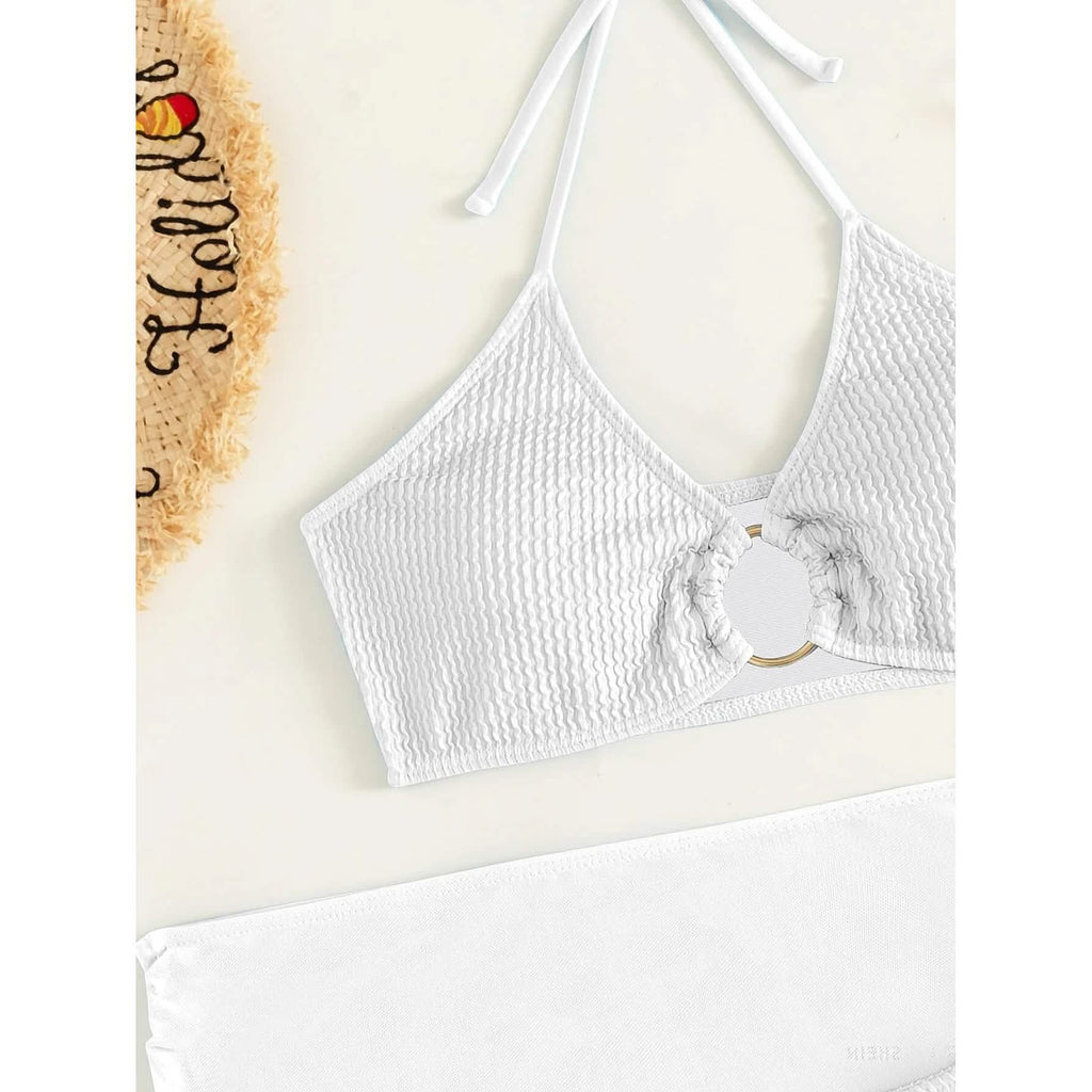 Ensemble de 3 pièces : maillot de bain bikini dos nu à anneaux texturés et jupe de plage
