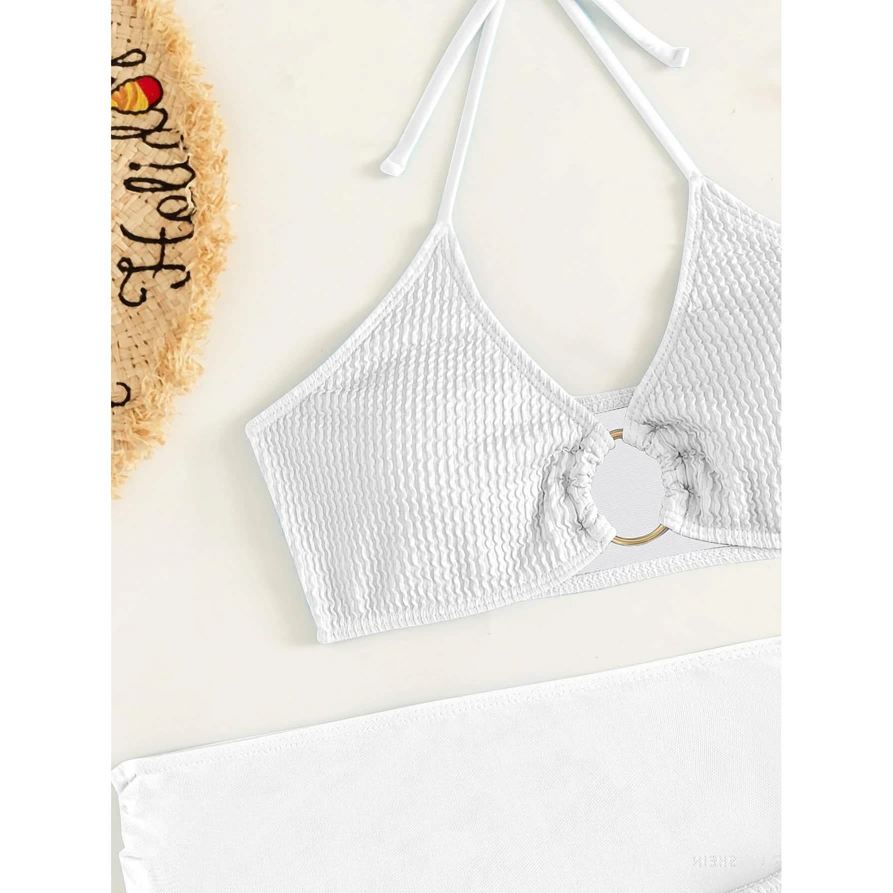Ensemble de 3 pièces : maillot de bain bikini dos nu à anneaux texturés et jupe de plage