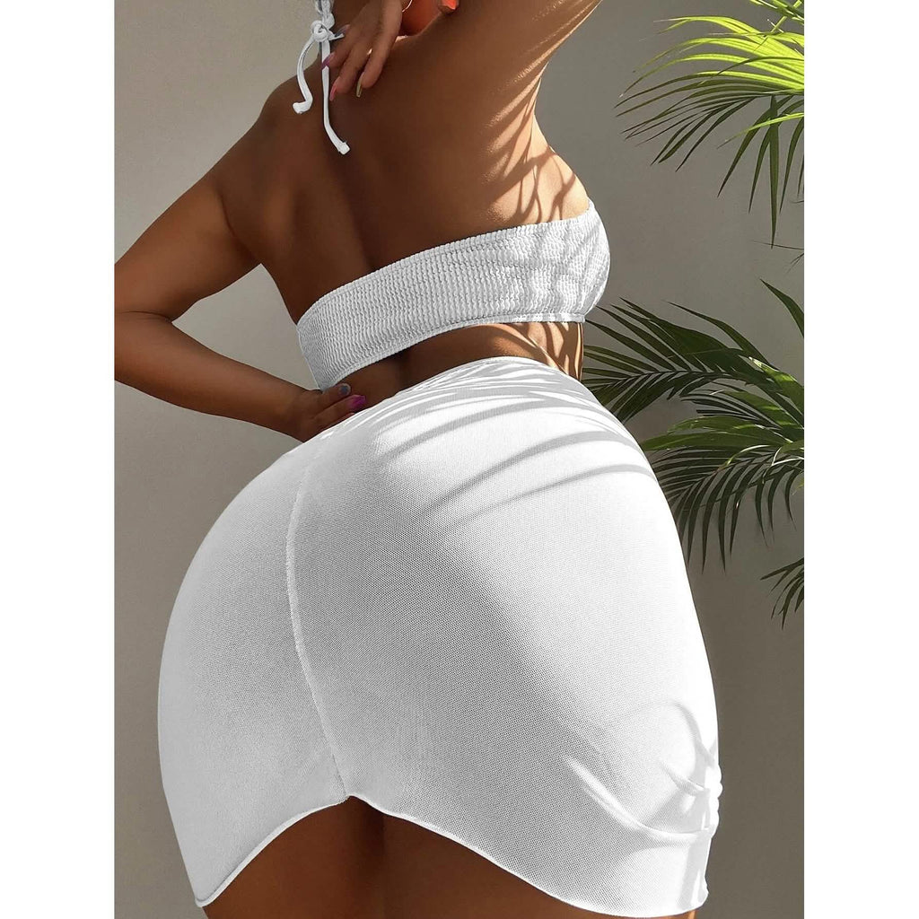 Ensemble de 3 pièces : maillot de bain bikini dos nu à anneaux texturés et jupe de plage