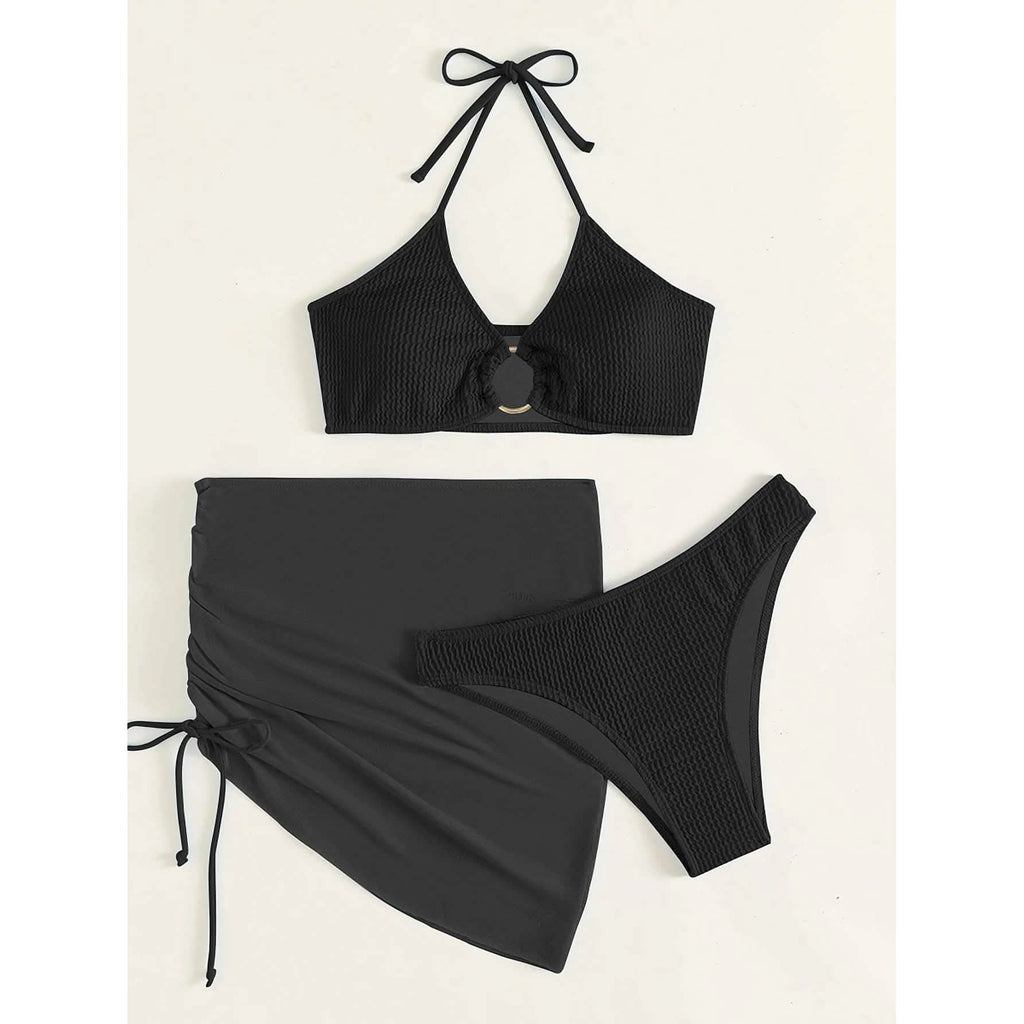 Ensemble de 3 pièces : maillot de bain bikini dos nu à anneaux texturés et jupe de plage