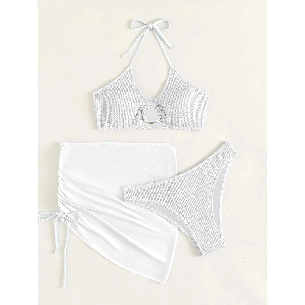 Ensemble de 3 pièces : maillot de bain bikini dos nu à anneaux texturés et jupe de plage