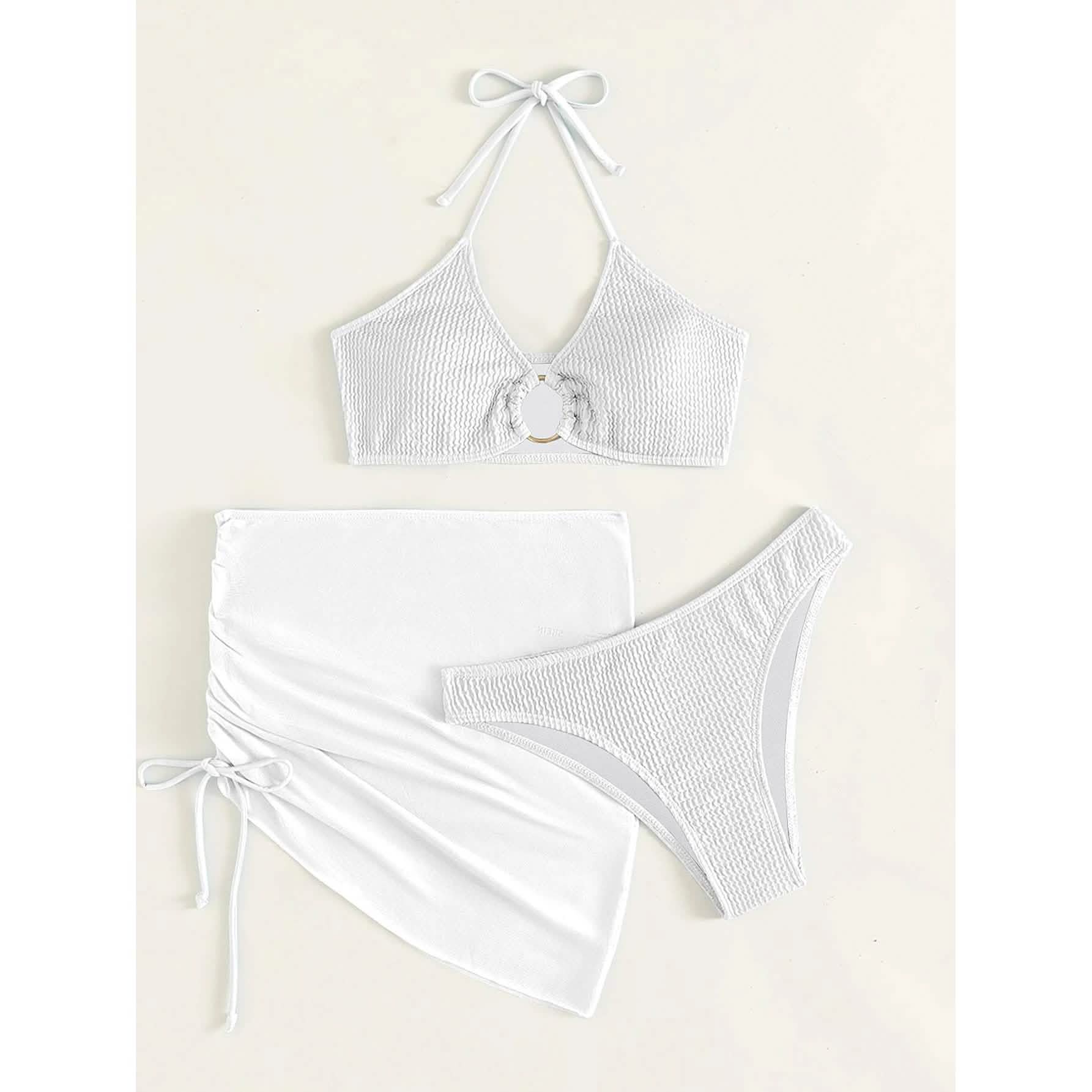 Ensemble de 3 pièces : maillot de bain bikini dos nu à anneaux texturés et jupe de plage
