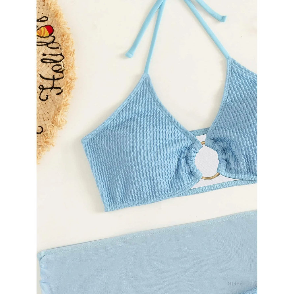 Ensemble de 3 pièces : maillot de bain bikini dos nu à anneaux texturés et jupe de plage