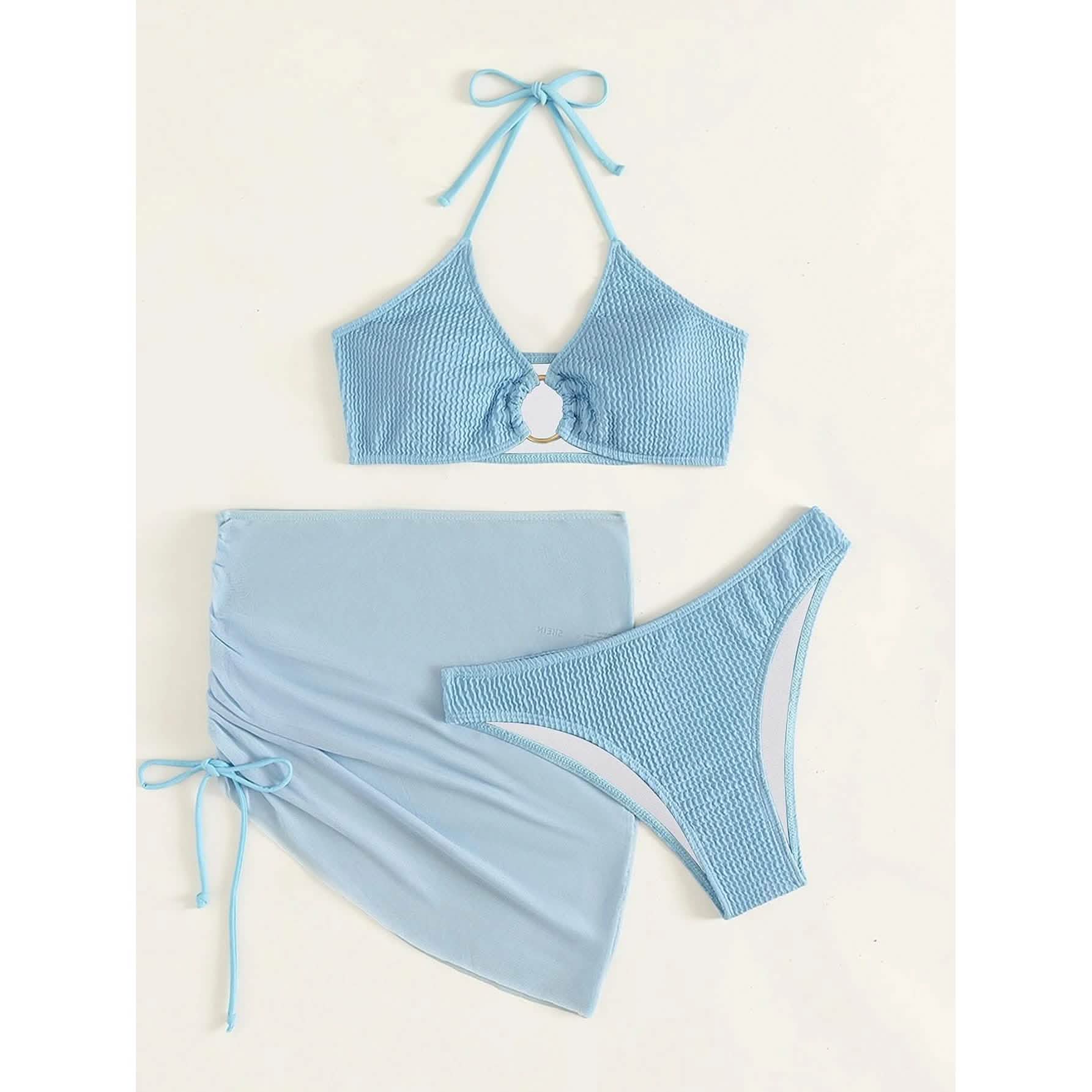 Ensemble de 3 pièces : maillot de bain bikini dos nu à anneaux texturés et jupe de plage