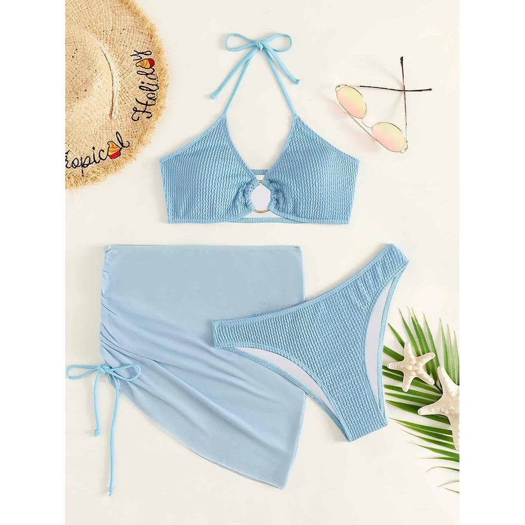 Ensemble de 3 pièces : maillot de bain bikini dos nu à anneaux texturés et jupe de plage