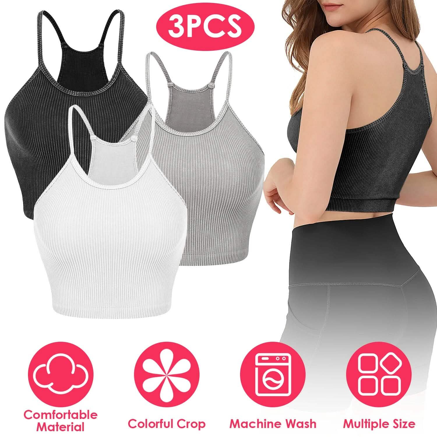 Lot de 3 : Débardeur court basique pour femme en tricot côtelé sans manches