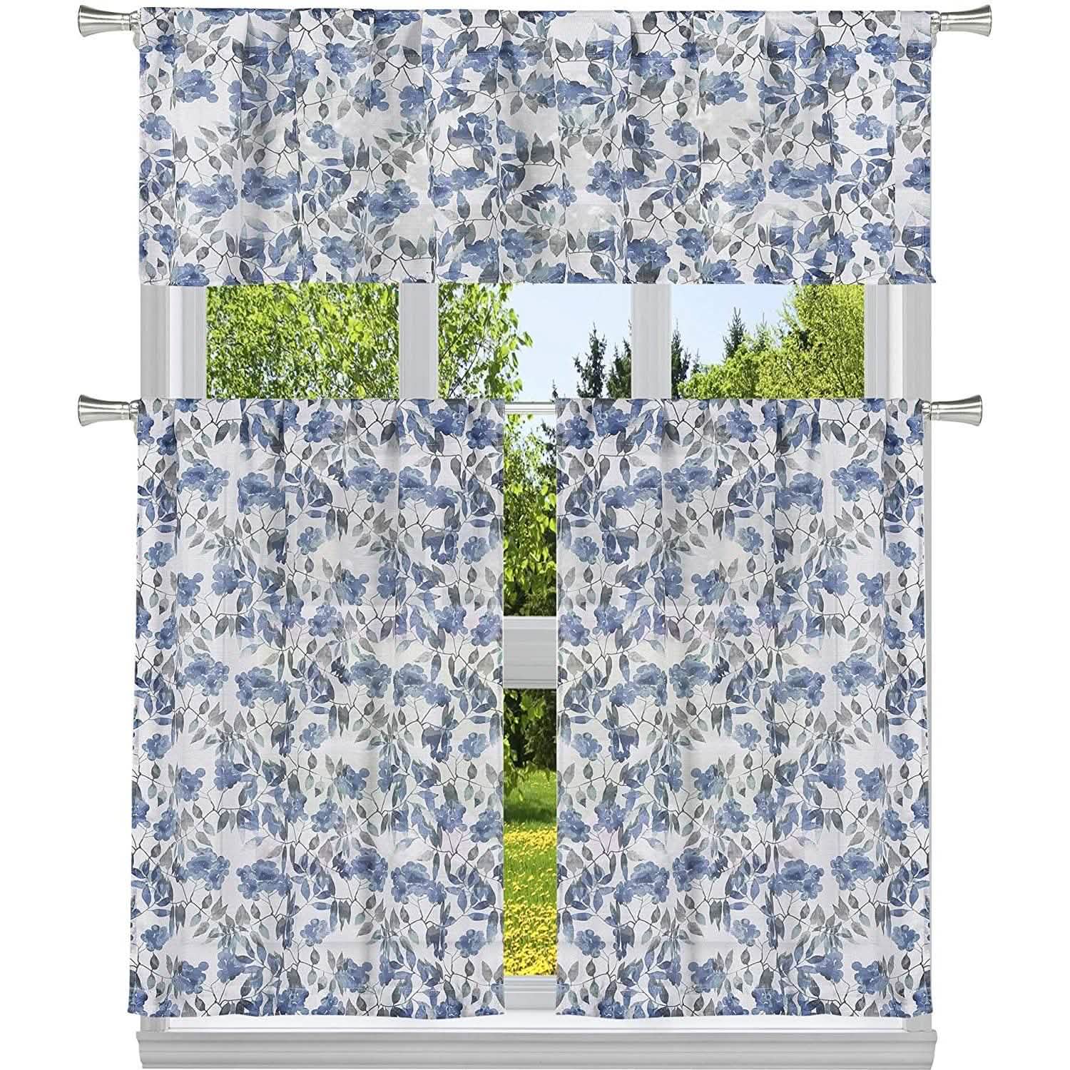 Ensemble 3 pièces : Vitrage de cuisine semi-transparent à motif floral chic et cantonnière