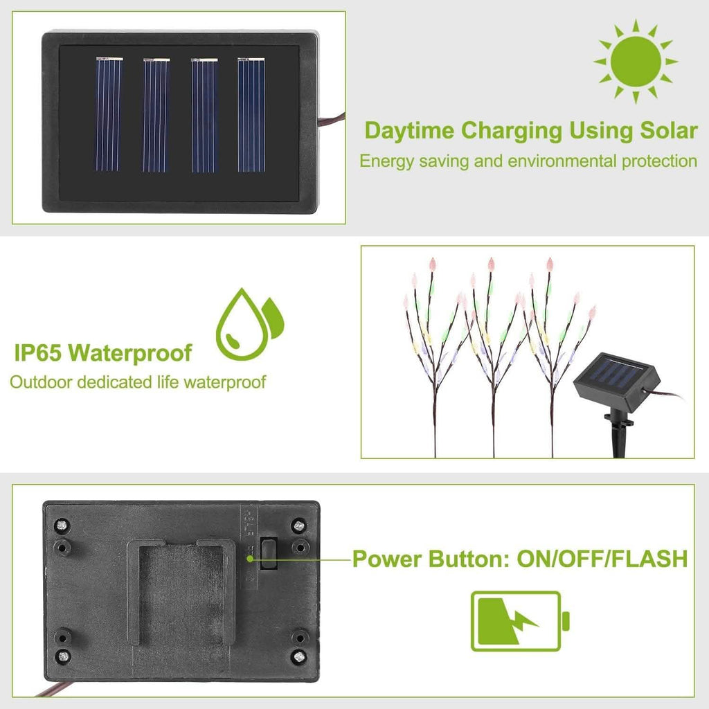 Ensemble de 3 : 60 LED solaires pour jardin, forme de feuille de branche, lampe