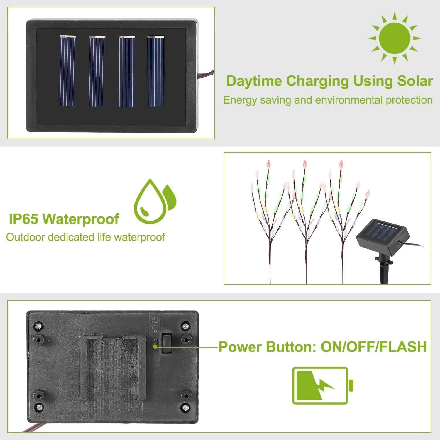 Ensemble de 3 : 60 LED solaires pour jardin, forme de feuille de branche, lampe