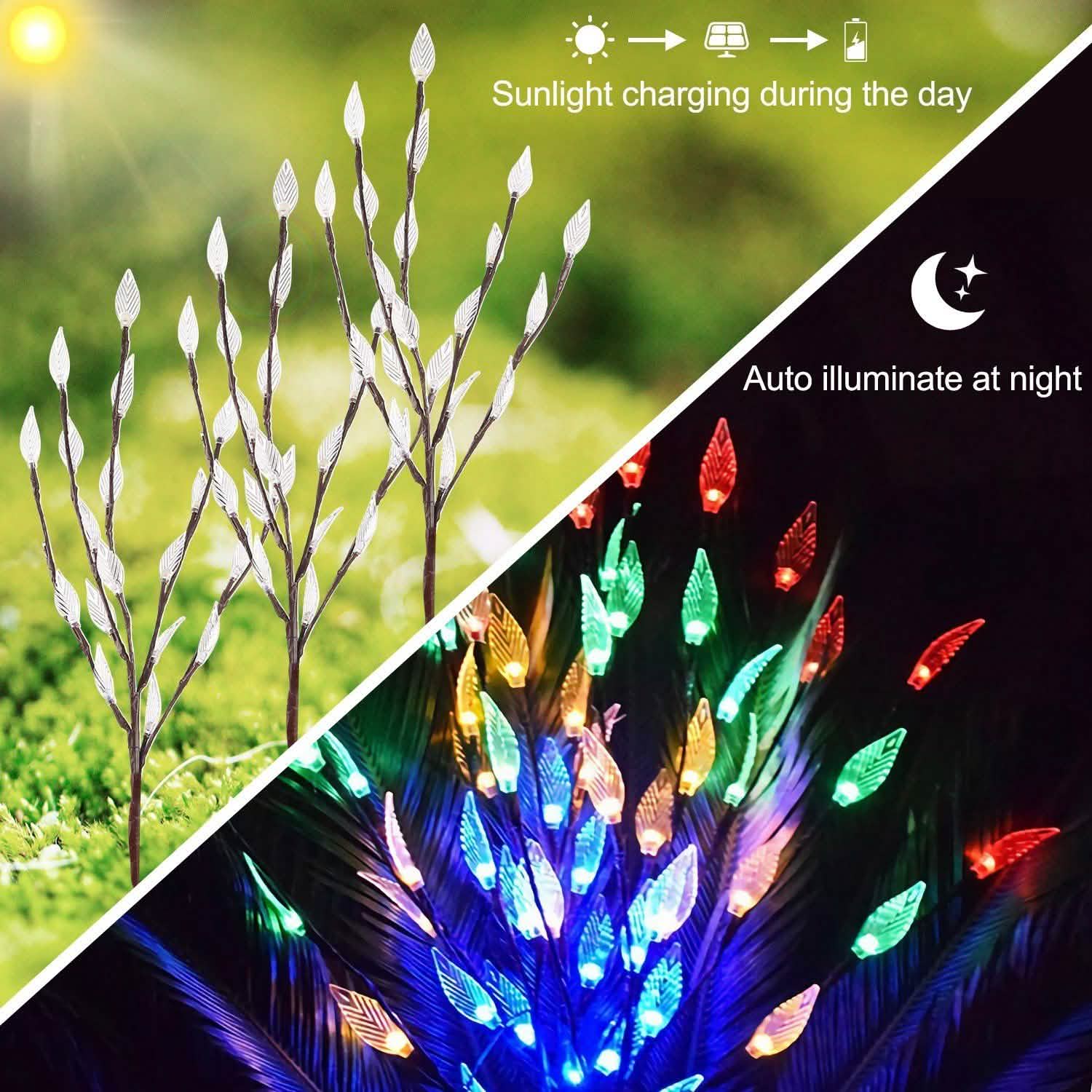 Ensemble de 3 : 60 LED solaires pour jardin, forme de feuille de branche, lampe