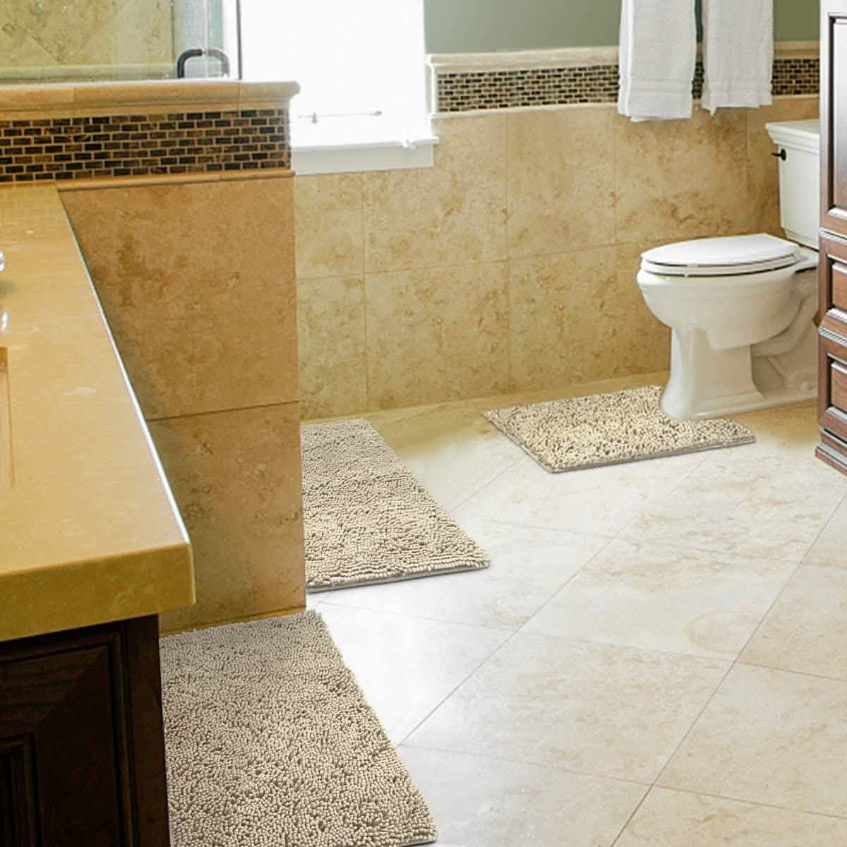 Ensemble 3 Pièces : Tapis de Salle de Bain Ultra Doux, Antidérapant et en Chenille Absorbante