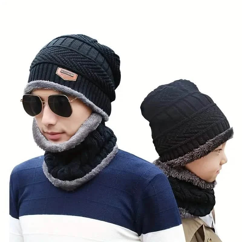 Ensemble de 3 pièces : bonnets en tricot noir, cache-cou d'hiver, gants élastiques