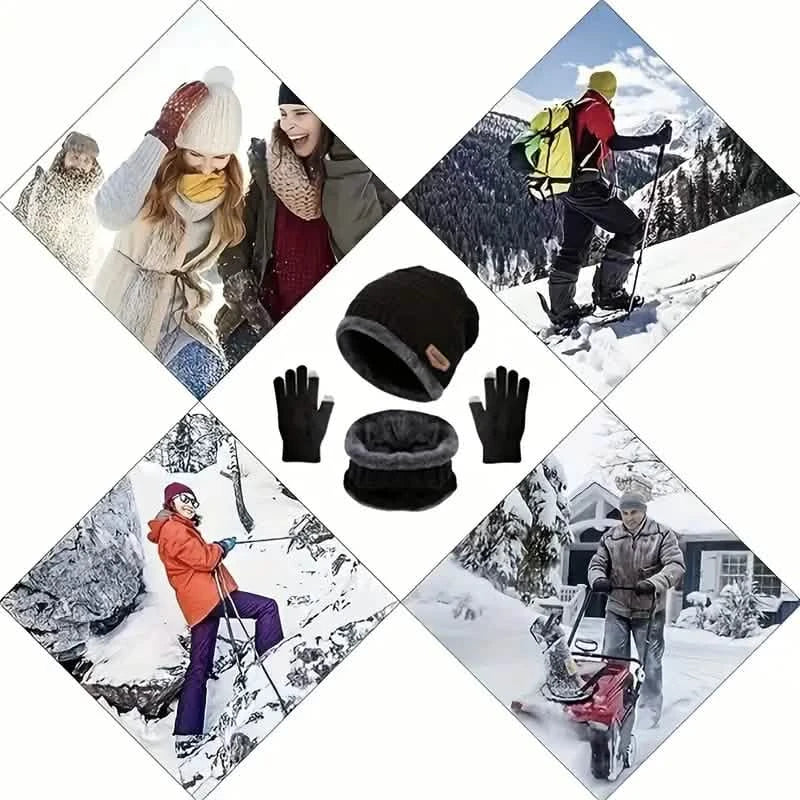 Ensemble de 3 pièces : bonnets en tricot noir, cache-cou d'hiver, gants élastiques