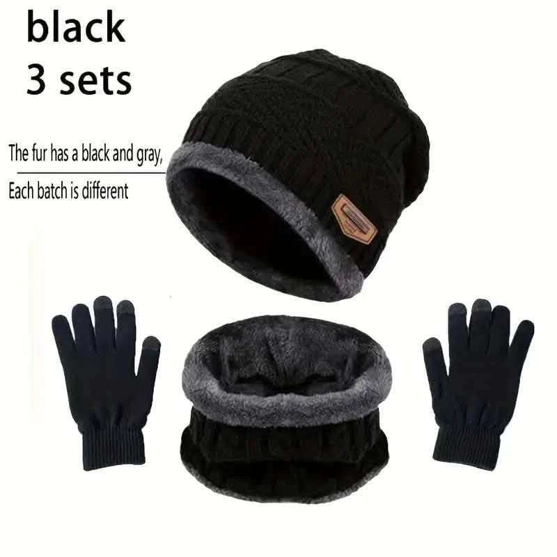 Ensemble de 3 pièces : bonnets en tricot noir, cache-cou d'hiver, gants élastiques