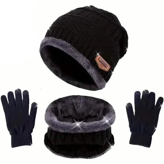 Ensemble de 3 pièces : bonnets en tricot noir, cache-cou d'hiver, gants élastiques