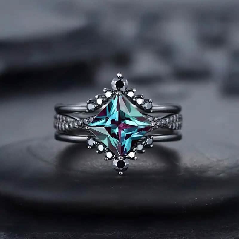 Ensemble de 3 pièces : Bague de luxe rétro noire carrée en similicuir avec zircone bleue