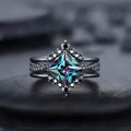 Ensemble de 3 pièces : Bague de luxe rétro noire carrée en similicuir avec zircone bleue