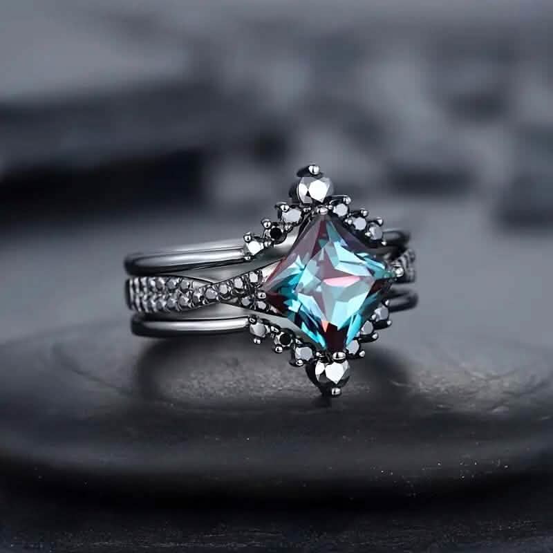 Ensemble de 3 pièces : Bague de luxe rétro noire carrée en similicuir avec zircone bleue