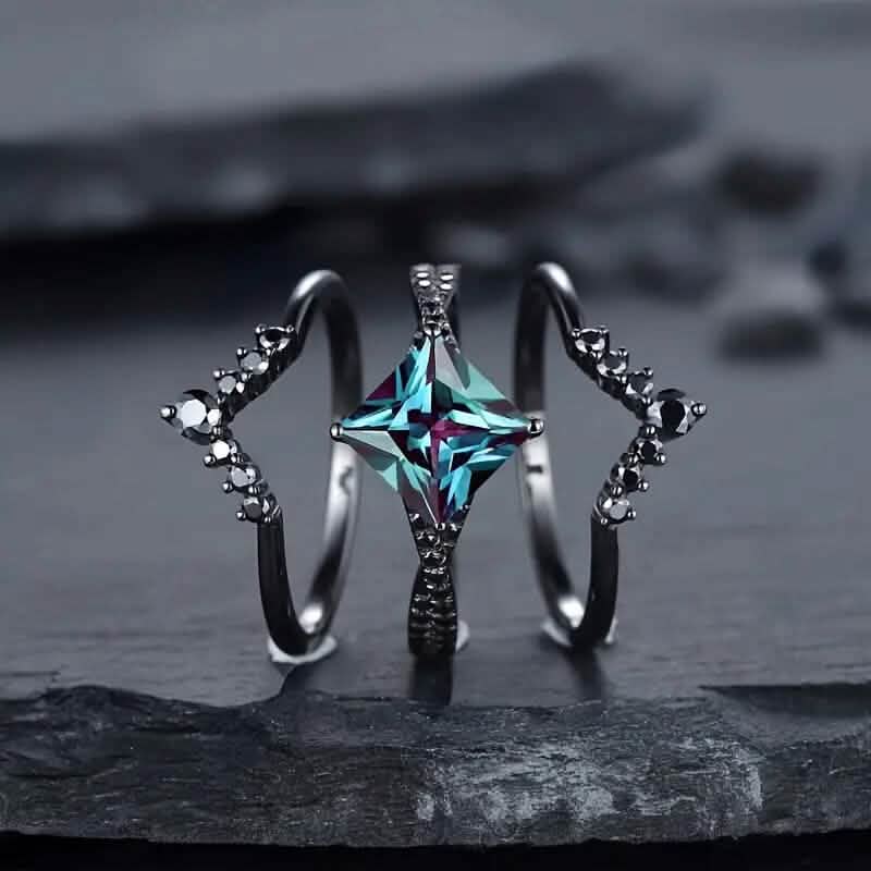 Ensemble de 3 pièces : Bague de luxe rétro noire carrée en similicuir avec zircone bleue