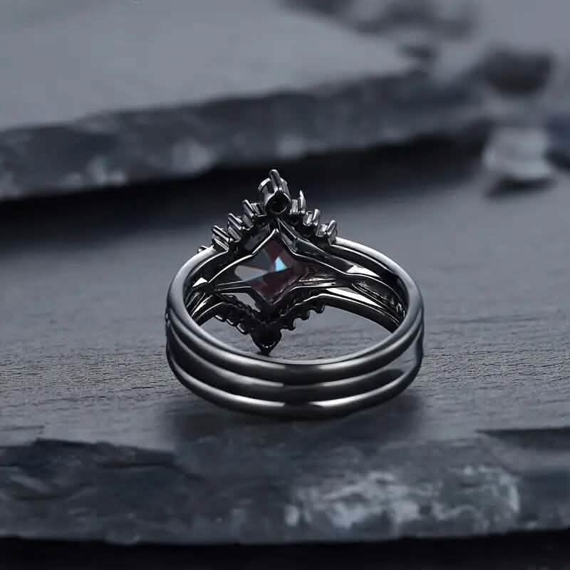 Ensemble de 3 pièces : Bague de luxe rétro noire carrée en similicuir avec zircone bleue