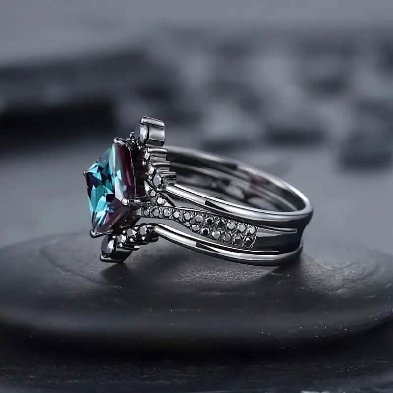 Ensemble de 3 pièces : Bague de luxe rétro noire carrée en similicuir avec zircone bleue