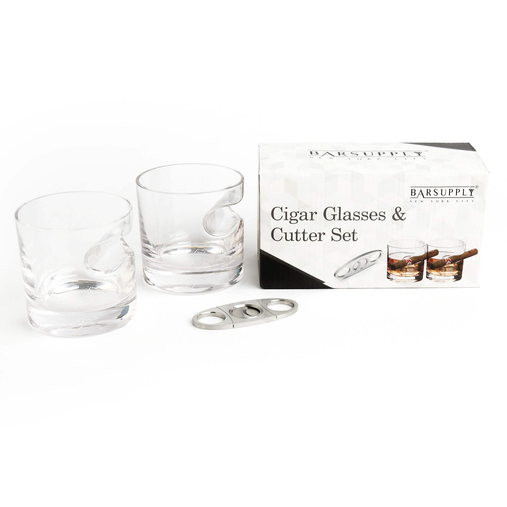 Ensemble 3 pièces : Verres à whisky avec support à cigare et coupe-cigare