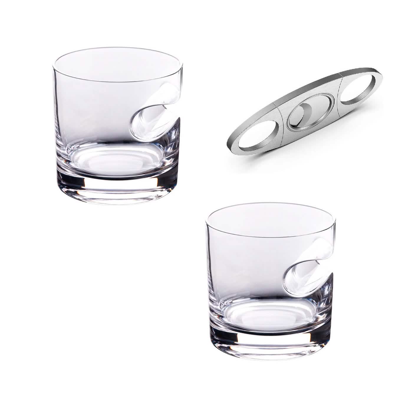 Ensemble 3 pièces : Verres à whisky avec support à cigare et coupe-cigare