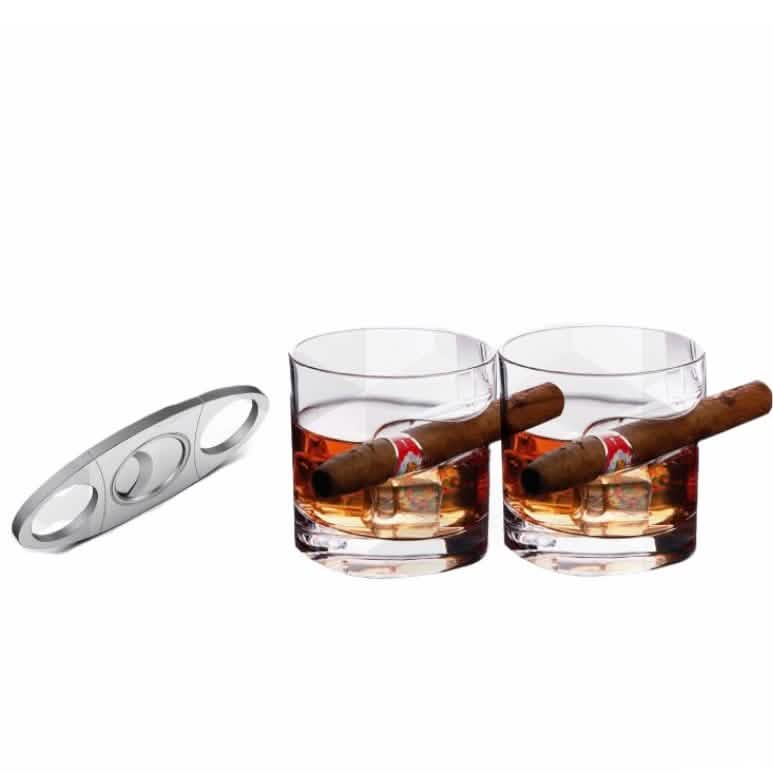 Ensemble 3 pièces : Verres à whisky avec support à cigare et coupe-cigare