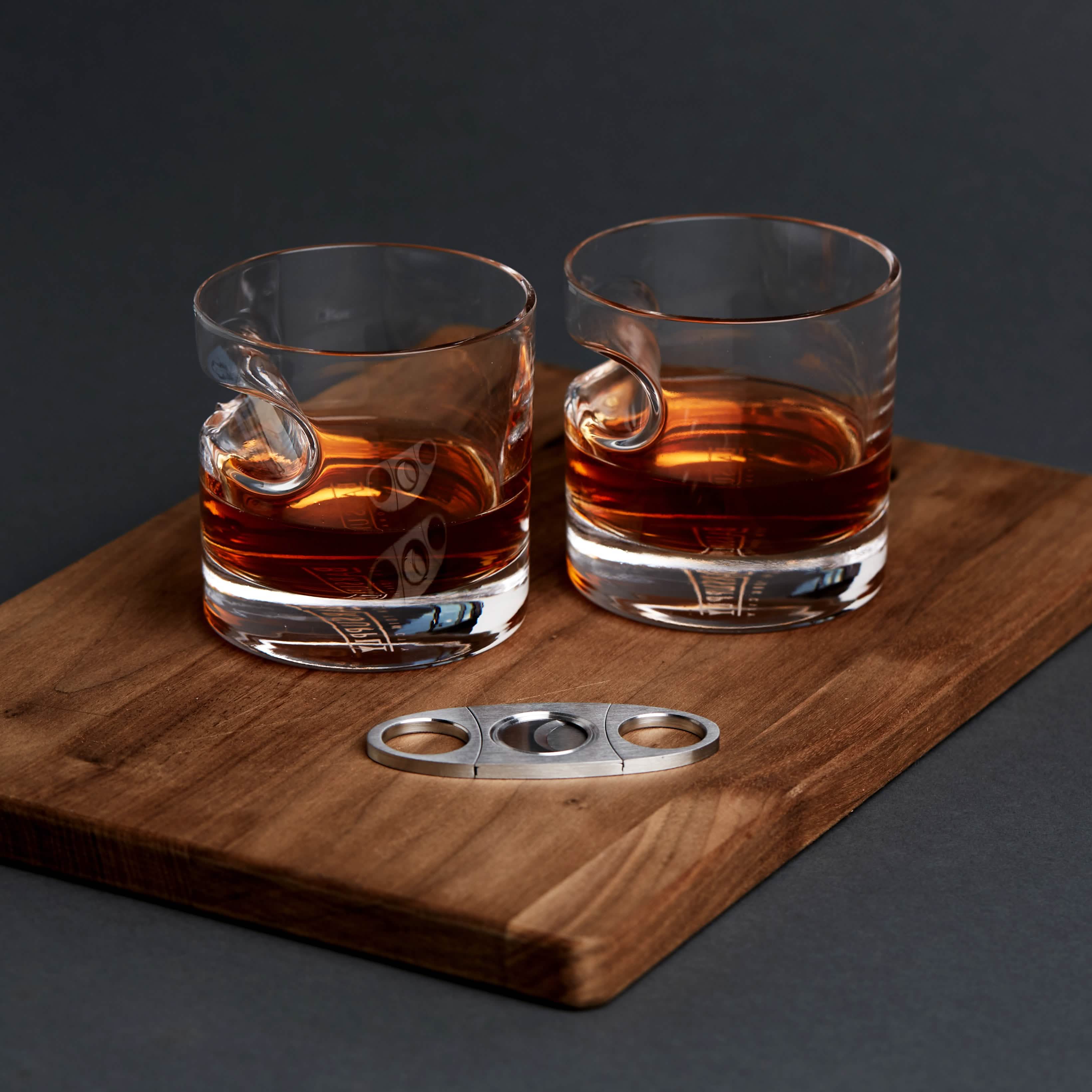 Ensemble 3 pièces : Verres à whisky avec support à cigare et coupe-cigare