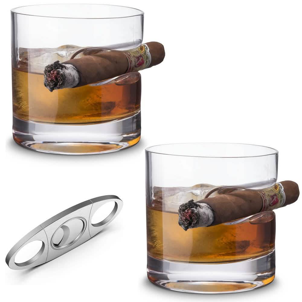 Ensemble 3 pièces : Verres à whisky avec support à cigare et coupe-cigare