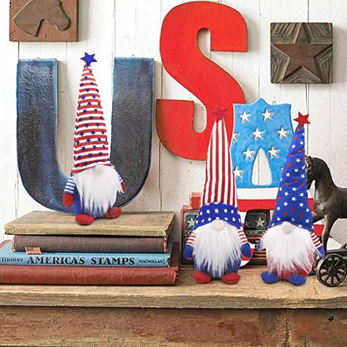 Ensemble de 3 statuettes en peluche de gnomes patriotiques