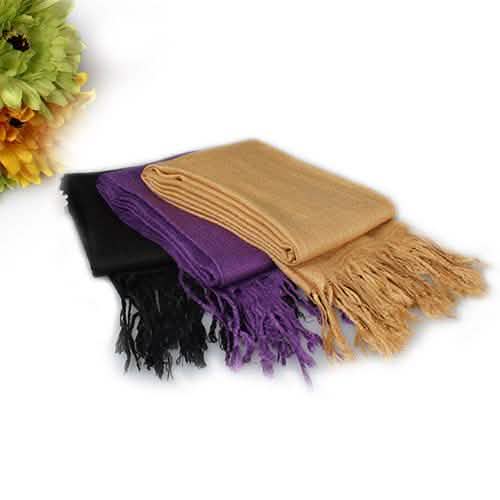 Ensemble 3 pièces : Écharpe douce en fausse soie pashmina à pampilles, couleur unie