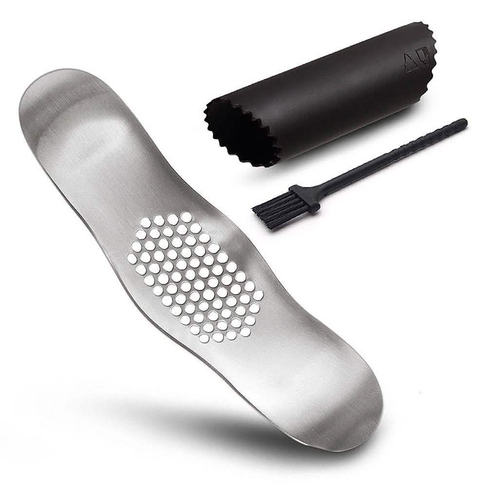 Ensemble 3 pièces : presse-ail et éplucheur en acier inoxydable avec brosse de nettoyage
