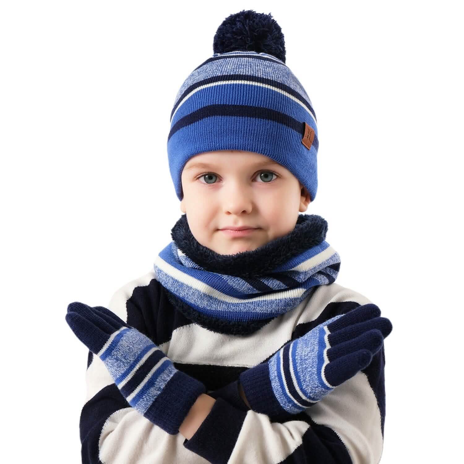 Ensemble 3 pièces : Bonnet et gants chauds en tricot d'hiver pour enfants de 4 à 7 ans