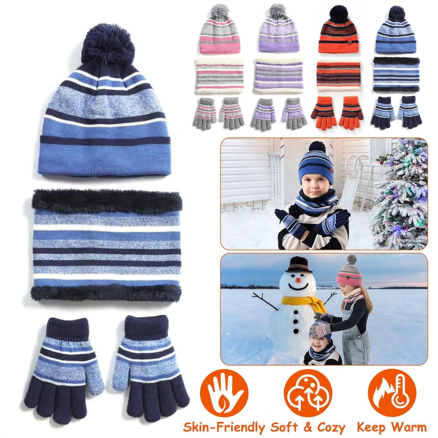 Ensemble 3 pièces : Bonnet et gants chauds en tricot d'hiver pour enfants de 4 à 7 ans