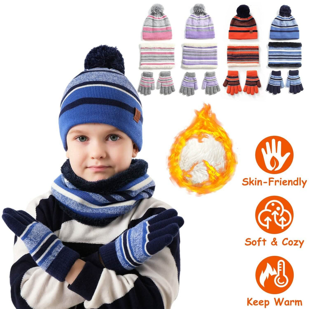 Ensemble 3 pièces : Bonnet et gants chauds en tricot d'hiver pour enfants de 4 à 7 ans