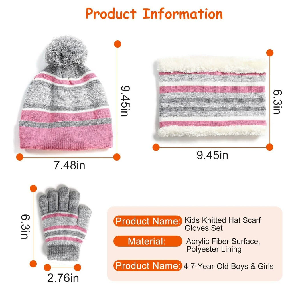 Ensemble 3 pièces : Bonnet et gants chauds en tricot d'hiver pour enfants de 4 à 7 ans