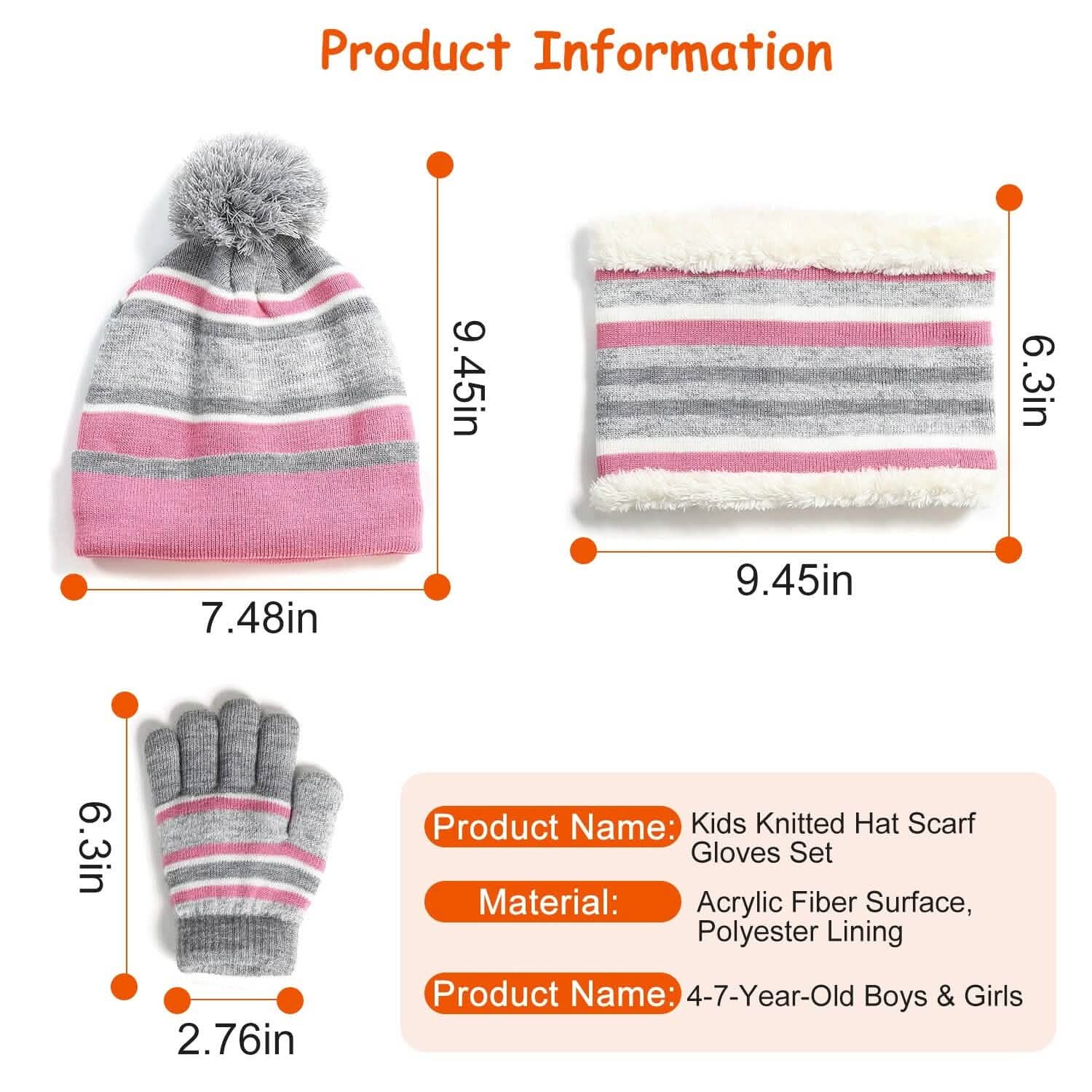 Ensemble 3 pièces : Bonnet et gants chauds en tricot d'hiver pour enfants de 4 à 7 ans