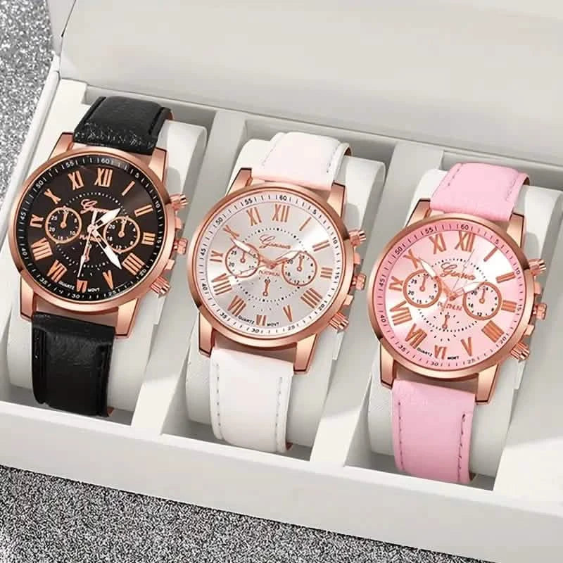 3 pièces : Montres à quartz romaines pour femmes – Cadran rond tendance avec bracelet en similicuir