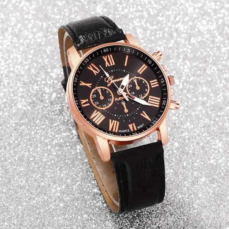 3 pièces : Montres à quartz romaines pour femmes – Cadran rond tendance avec bracelet en similicuir
