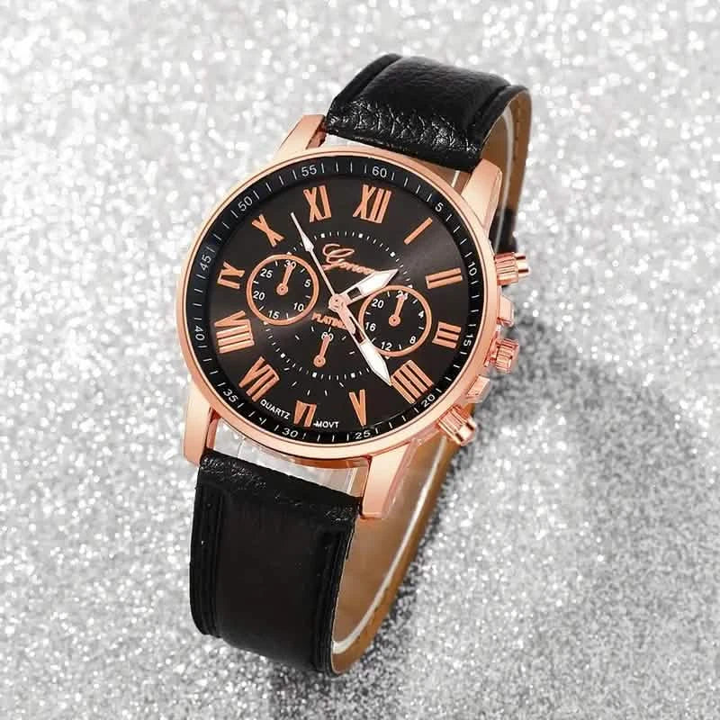 3 pièces : Montres à quartz romaines pour femmes – Cadran rond tendance avec bracelet en similicuir