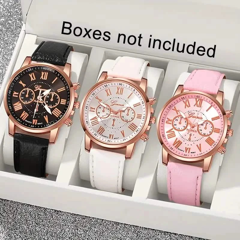 3 pièces : Montres à quartz romaines pour femmes – Cadran rond tendance avec bracelet en similicuir