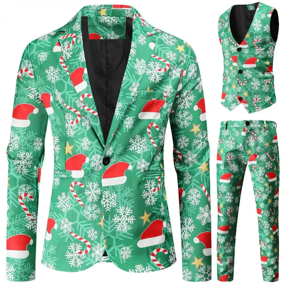 Ensemble 3 pièces : Costumes de Noël moches amusants pour hommes - Costume de Noël complet : Comprend une veste, un pantalon