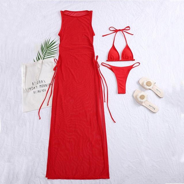 Ensemble 3 pièces maillot de bain femme col montant, paréo, jupes, bikini triangle licou, robe longue, cache-maillot de bain