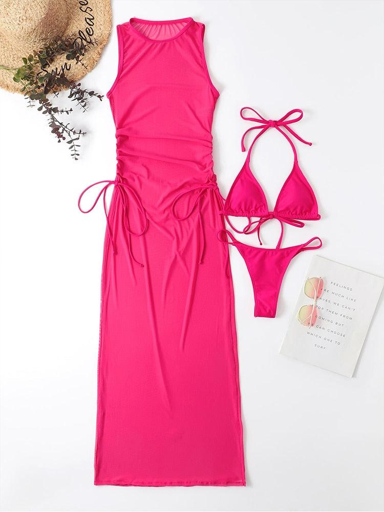 Ensemble 3 pièces maillot de bain femme col montant, paréo, jupes, bikini triangle licou, robe longue, cache-maillot de bain