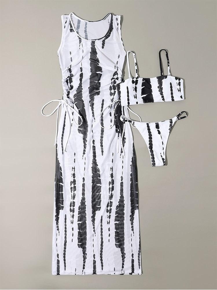 Ensemble 3 pièces maillot de bain femme col montant, paréo, jupes, bikini triangle licou, robe longue, cache-maillot de bain
