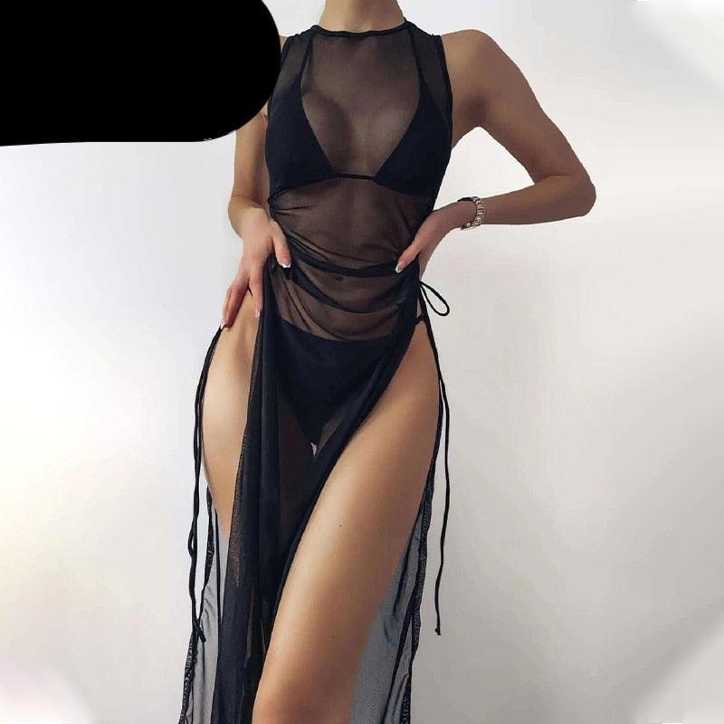 Ensemble 3 pièces maillot de bain femme col montant, paréo, jupes, bikini triangle licou, robe longue, cache-maillot de bain