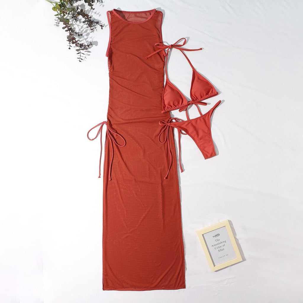 Ensemble 3 pièces maillot de bain femme col montant, paréo, jupes, bikini triangle licou, robe longue, cache-maillot de bain
